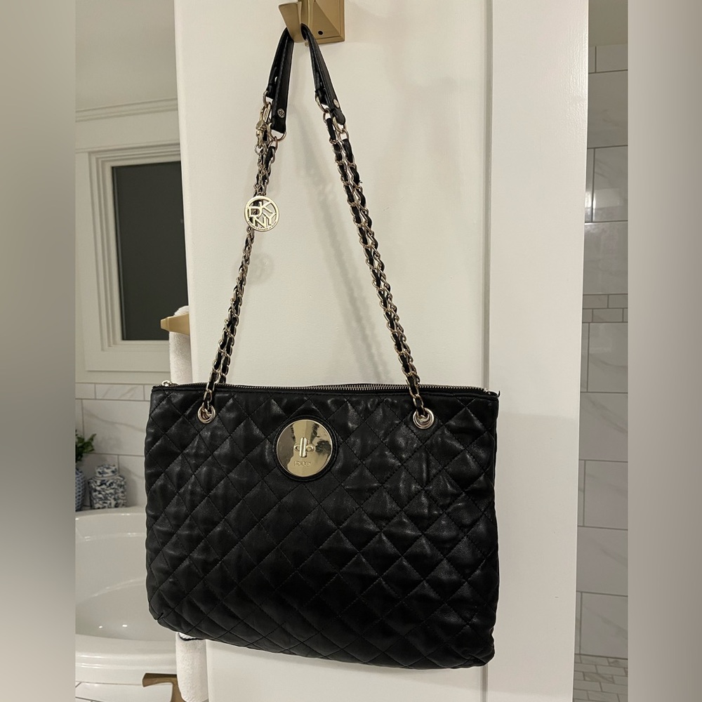 Donna Karen Black Leather Quilted Shoulder Bag